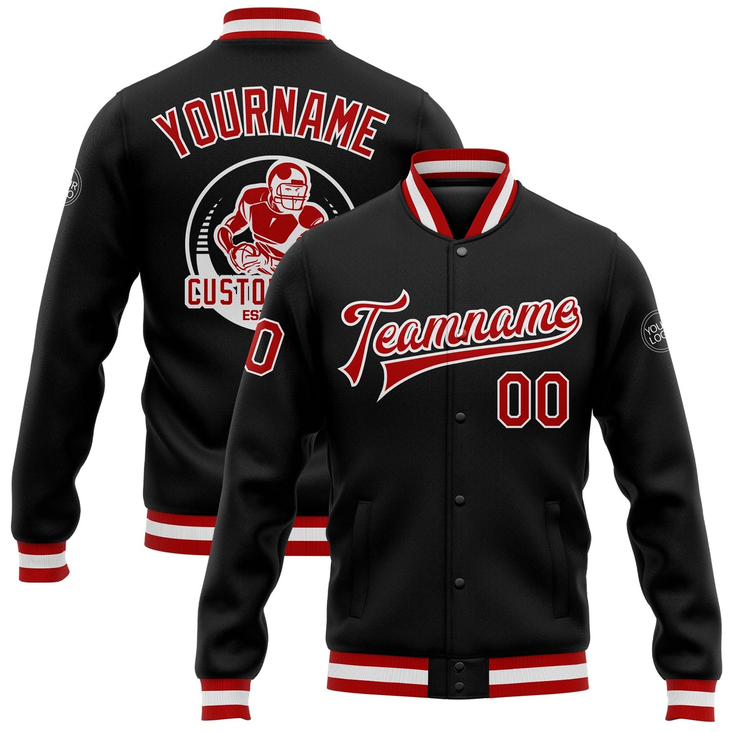 Custom Black Red-White Bomber Full-Snap Varsity Letterman Jacket - Main View