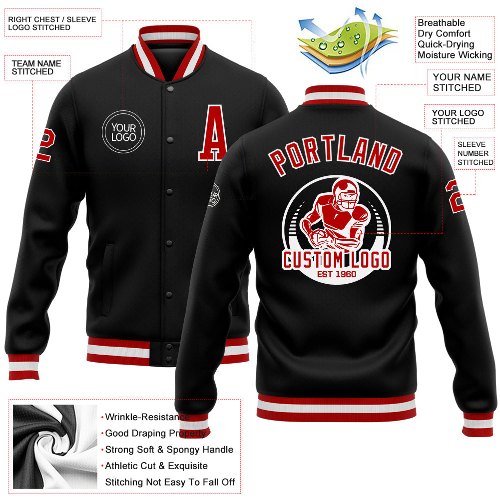 Custom Black Red-White Bomber Full-Snap Varsity Letterman Jacket view 5