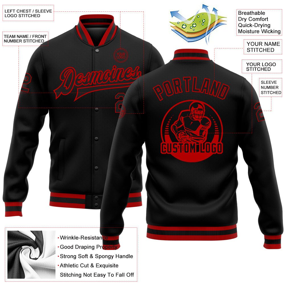 Custom Black Black-Red Bomber Full-Snap Varsity Letterman Jacket view 5