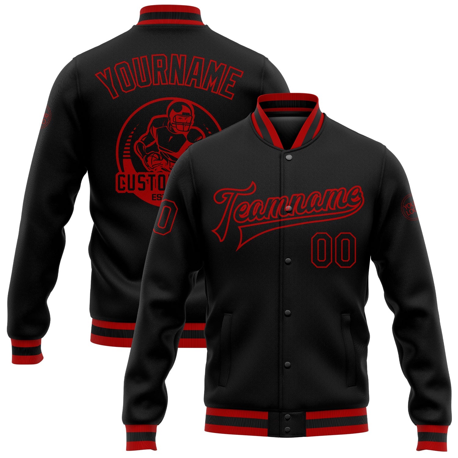Custom Black Black-Red Bomber Full-Snap Varsity Letterman Jacket - Main View