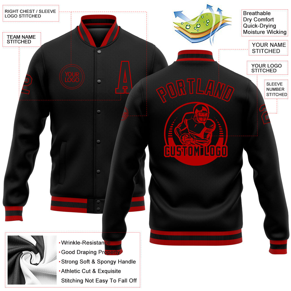 Custom Black Black-Red Bomber Full-Snap Varsity Letterman Jacket view 5