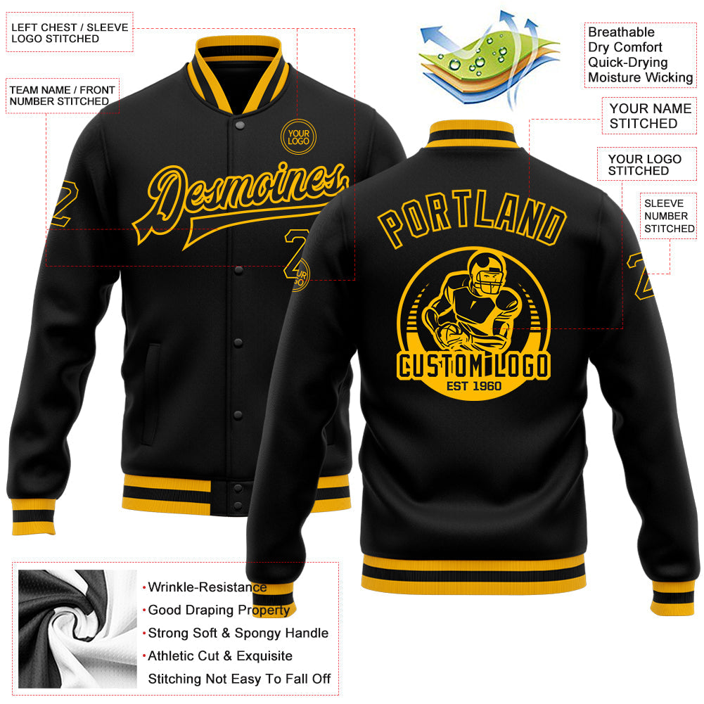Custom Black Black-Gold Bomber Full-Snap Varsity Letterman Jacket view 5