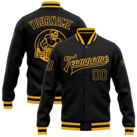 Custom Black Black-Gold Bomber Full-Snap Varsity Letterman Jacket - Main View