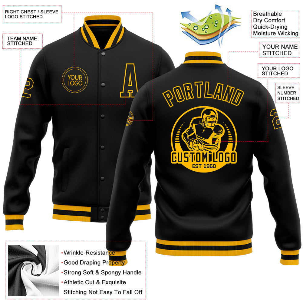 Custom Black Black-Gold Bomber Full-Snap Varsity Letterman Jacket view 5