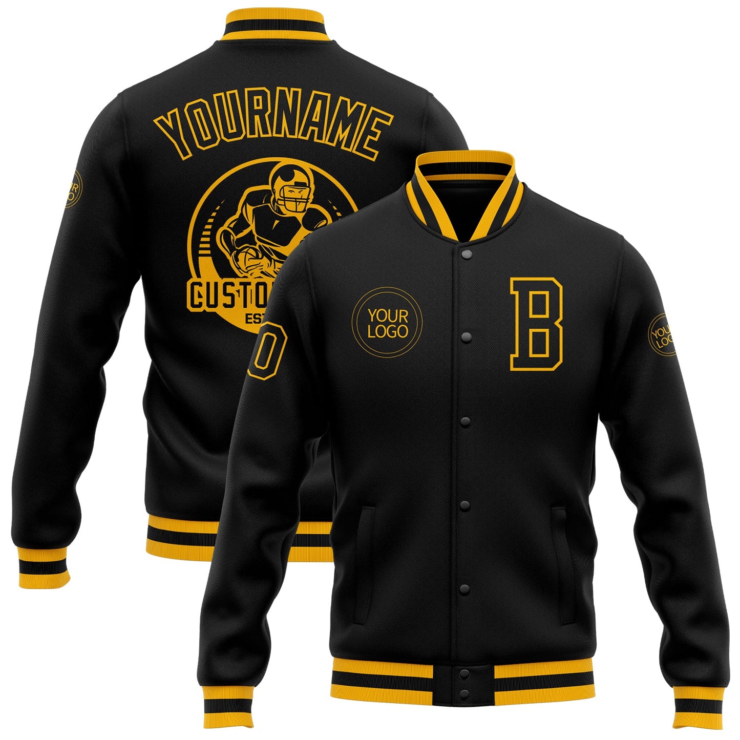 Custom Black Black-Gold Bomber Full-Snap Varsity Letterman Jacket - Main View