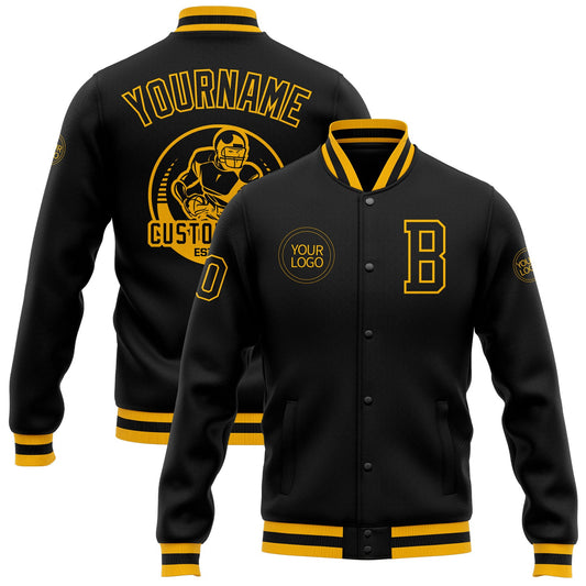 Custom Black Black-Gold Bomber Full-Snap Varsity Letterman Jacket - Main View
