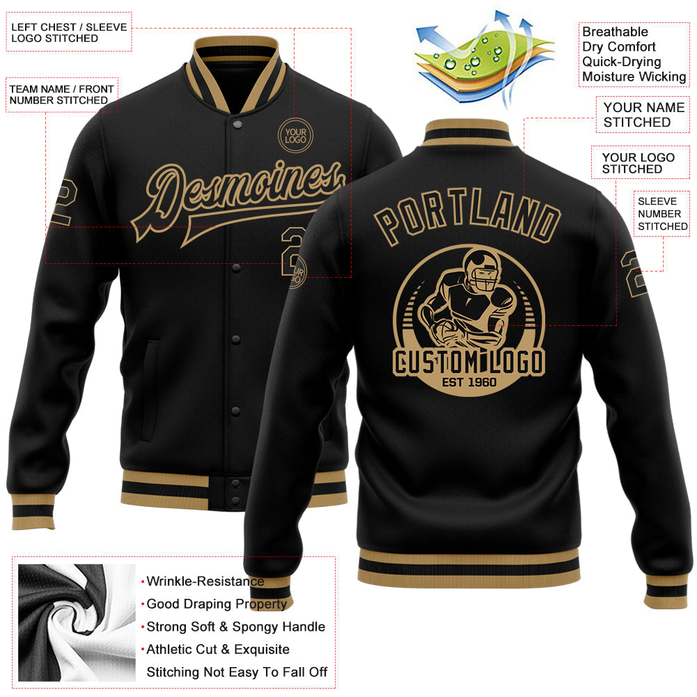 Custom Black Black-Old Gold Bomber Full-Snap Varsity Letterman Jacket view 5
