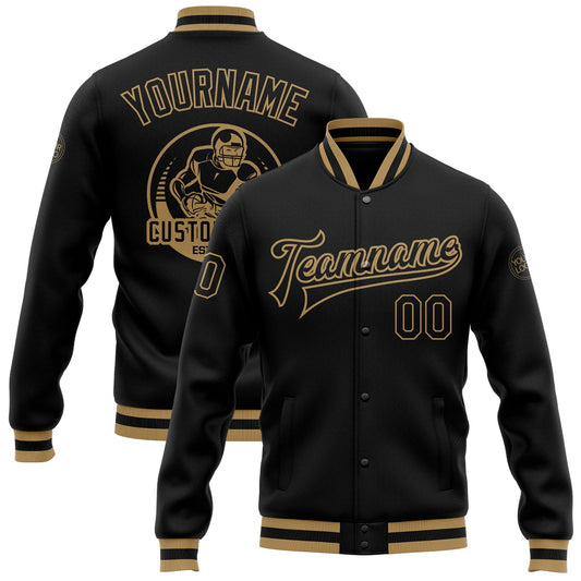 Custom Black Black-Old Gold Bomber Full-Snap Varsity Letterman Jacket - Main View