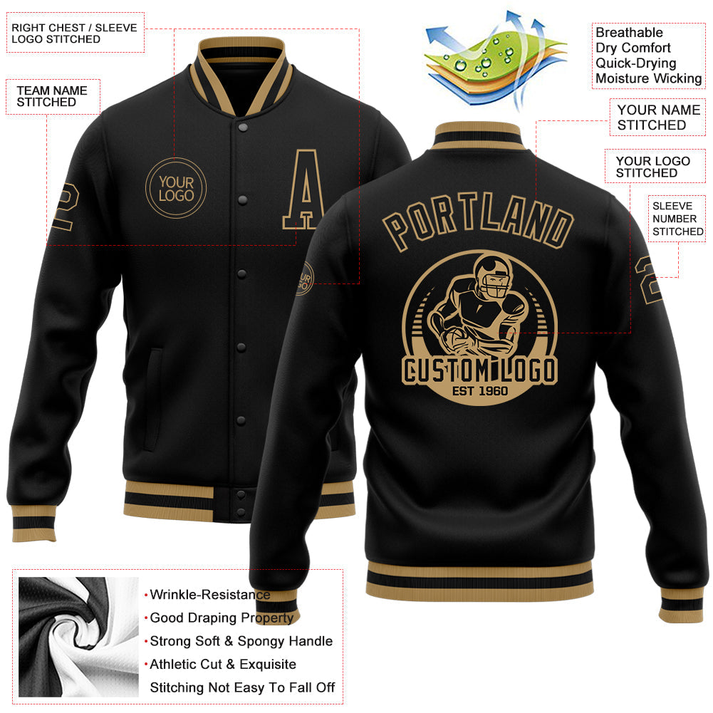 Custom Black Black-Old Gold Bomber Full-Snap Varsity Letterman Jacket view 5