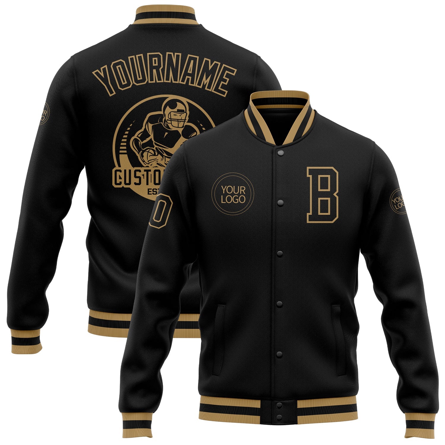Custom Black Black-Old Gold Bomber Full-Snap Varsity Letterman Jacket - Main View