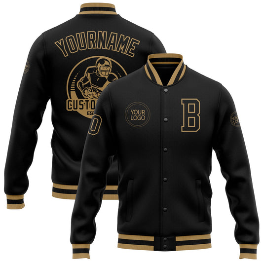 Custom Black Black-Old Gold Bomber Full-Snap Varsity Letterman Jacket - Main View