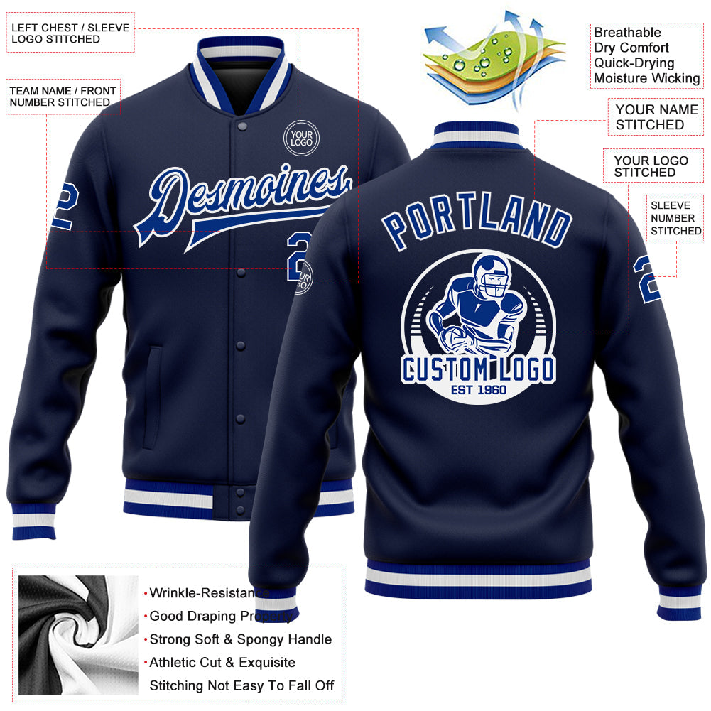 Custom Navy Royal-White Bomber Full-Snap Varsity Letterman Jacket view 5