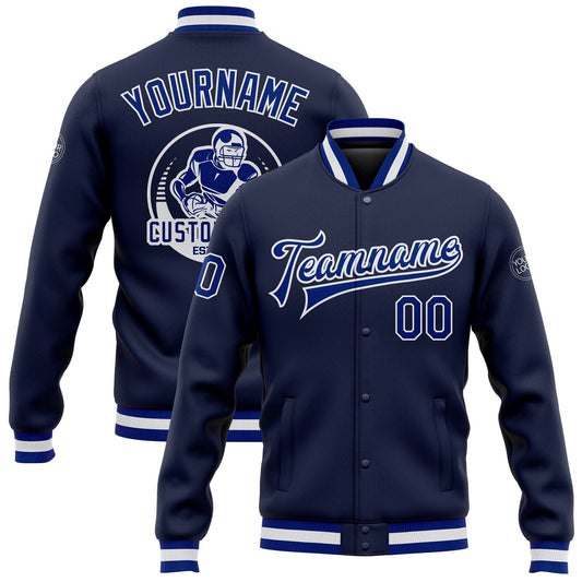 Custom Navy Royal-White Bomber Full-Snap Varsity Letterman Jacket - Main View