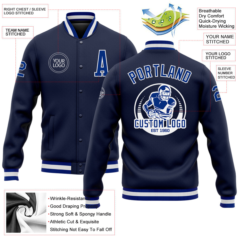 Custom Navy Royal-White Bomber Full-Snap Varsity Letterman Jacket view 5