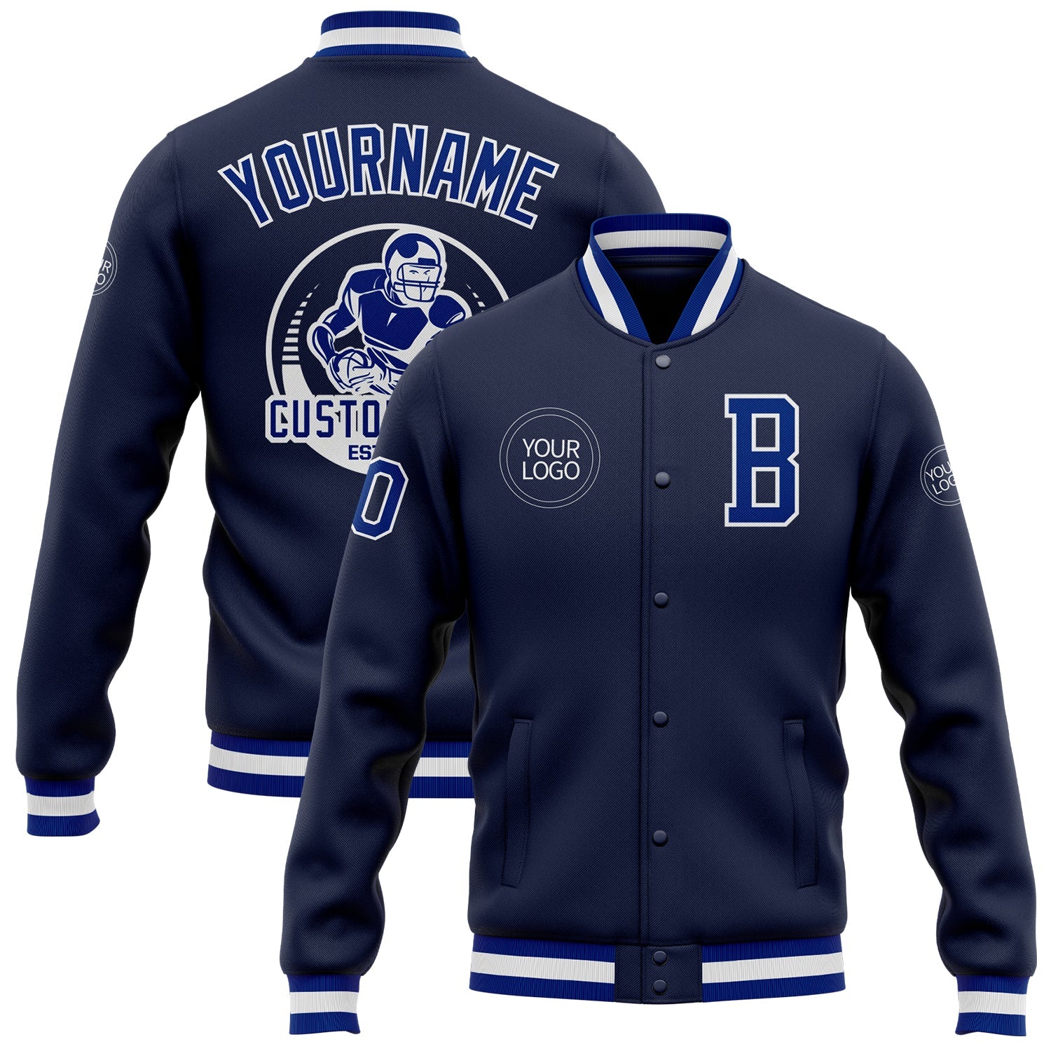 Custom Navy Royal-White Bomber Full-Snap Varsity Letterman Jacket - Main View