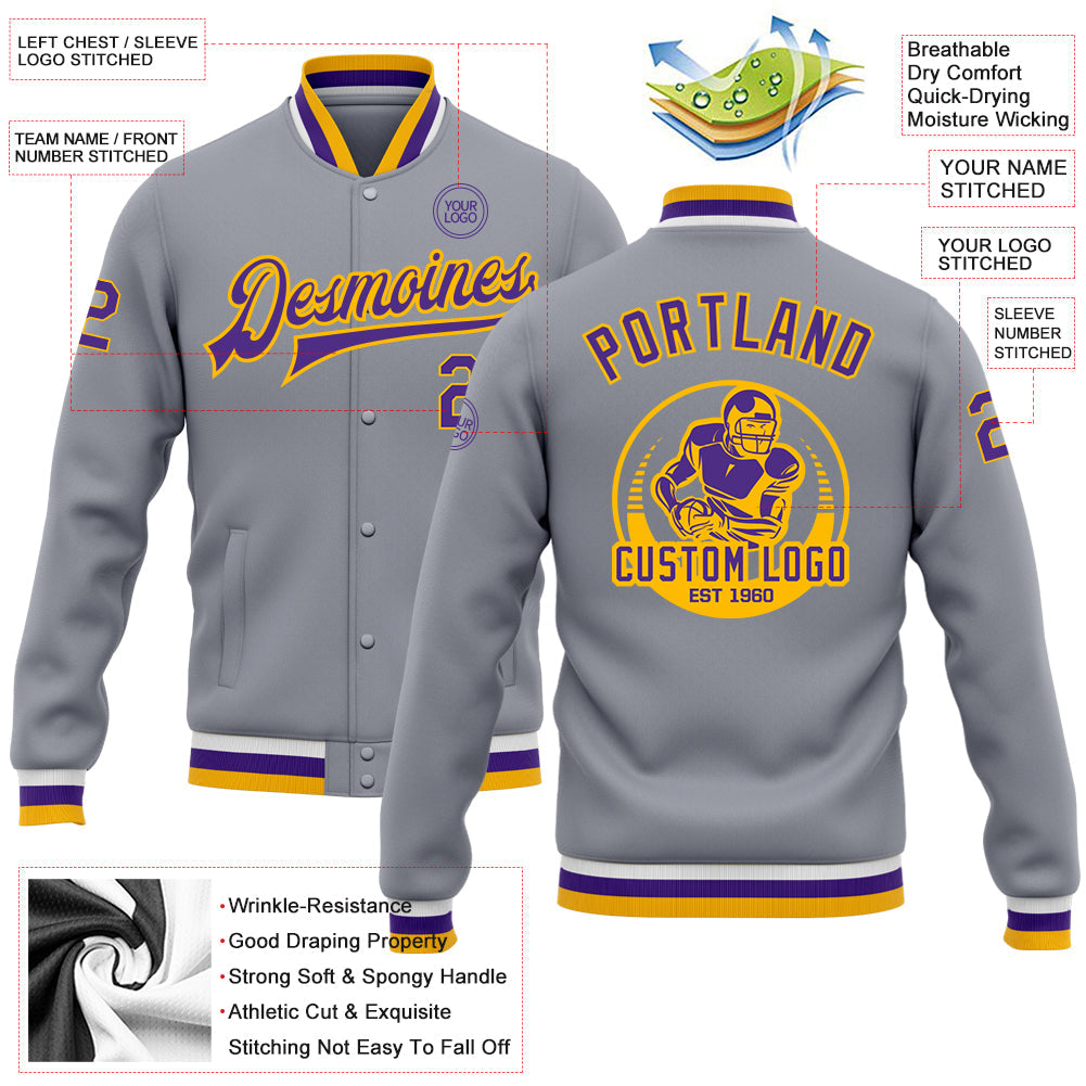 Custom Gray Purple-Gold Bomber Full-Snap Varsity Letterman Jacket view 5