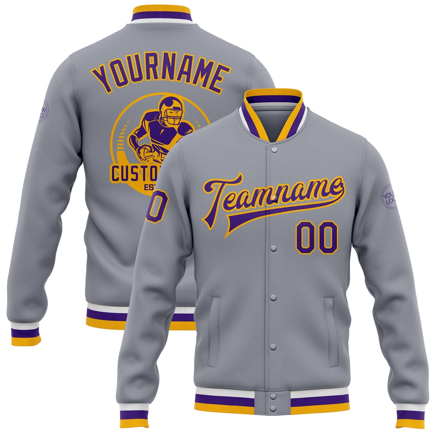 Custom Gray Purple-Gold Bomber Full-Snap Varsity Letterman Jacket - Main View