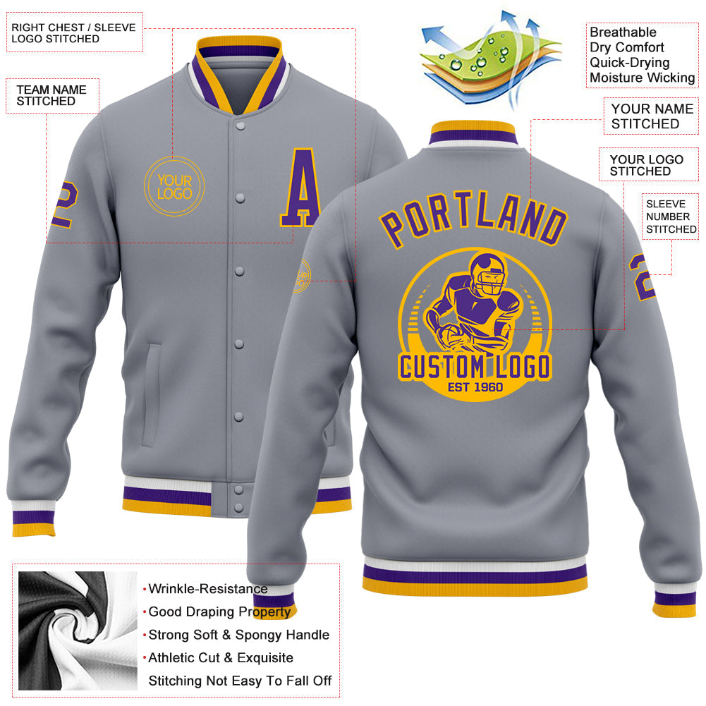 Custom Gray Purple-Gold Bomber Full-Snap Varsity Letterman Jacket view 5