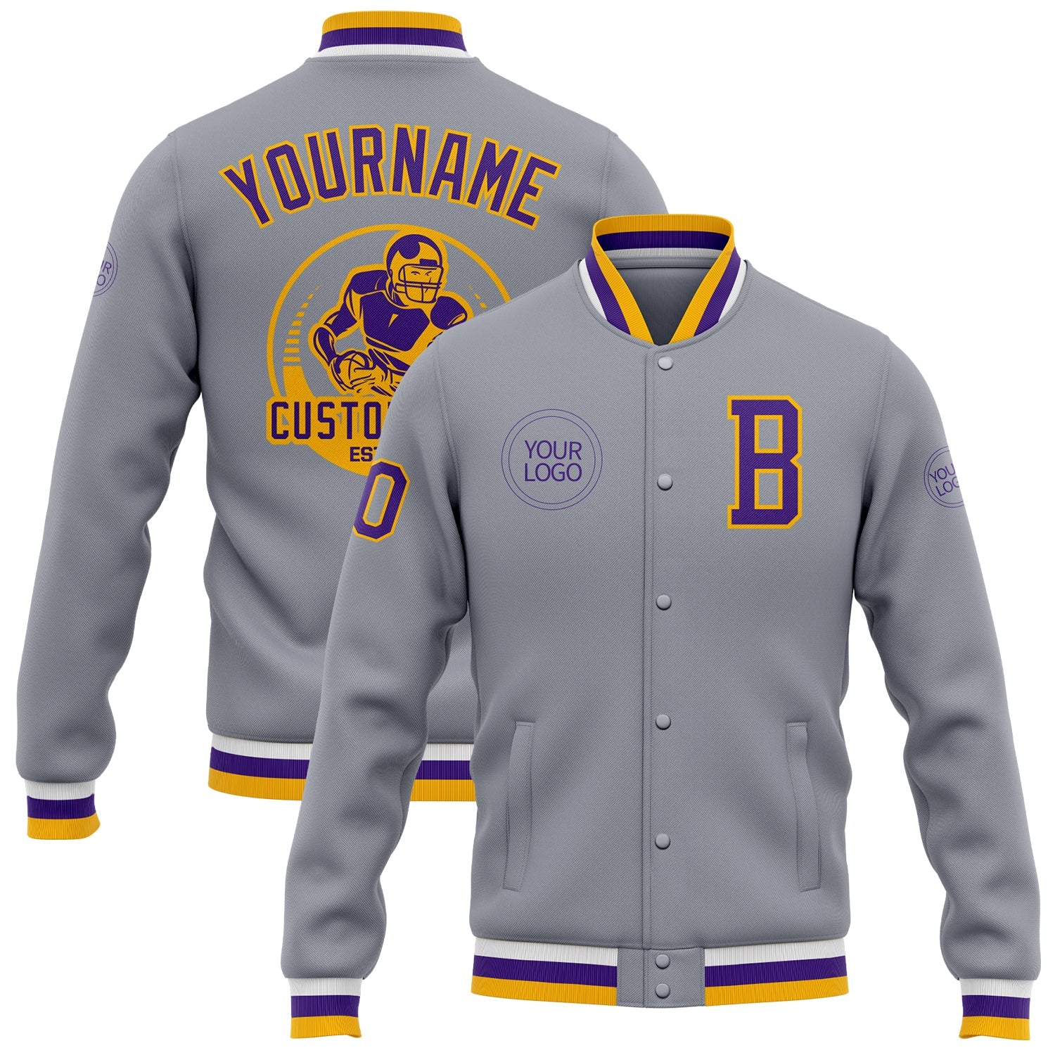 Custom Gray Purple-Gold Bomber Full-Snap Varsity Letterman Jacket - Main View