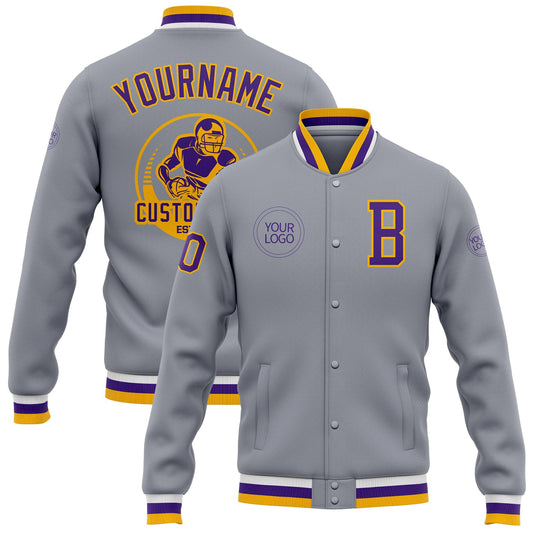 Custom Gray Purple-Gold Bomber Full-Snap Varsity Letterman Jacket - Main View