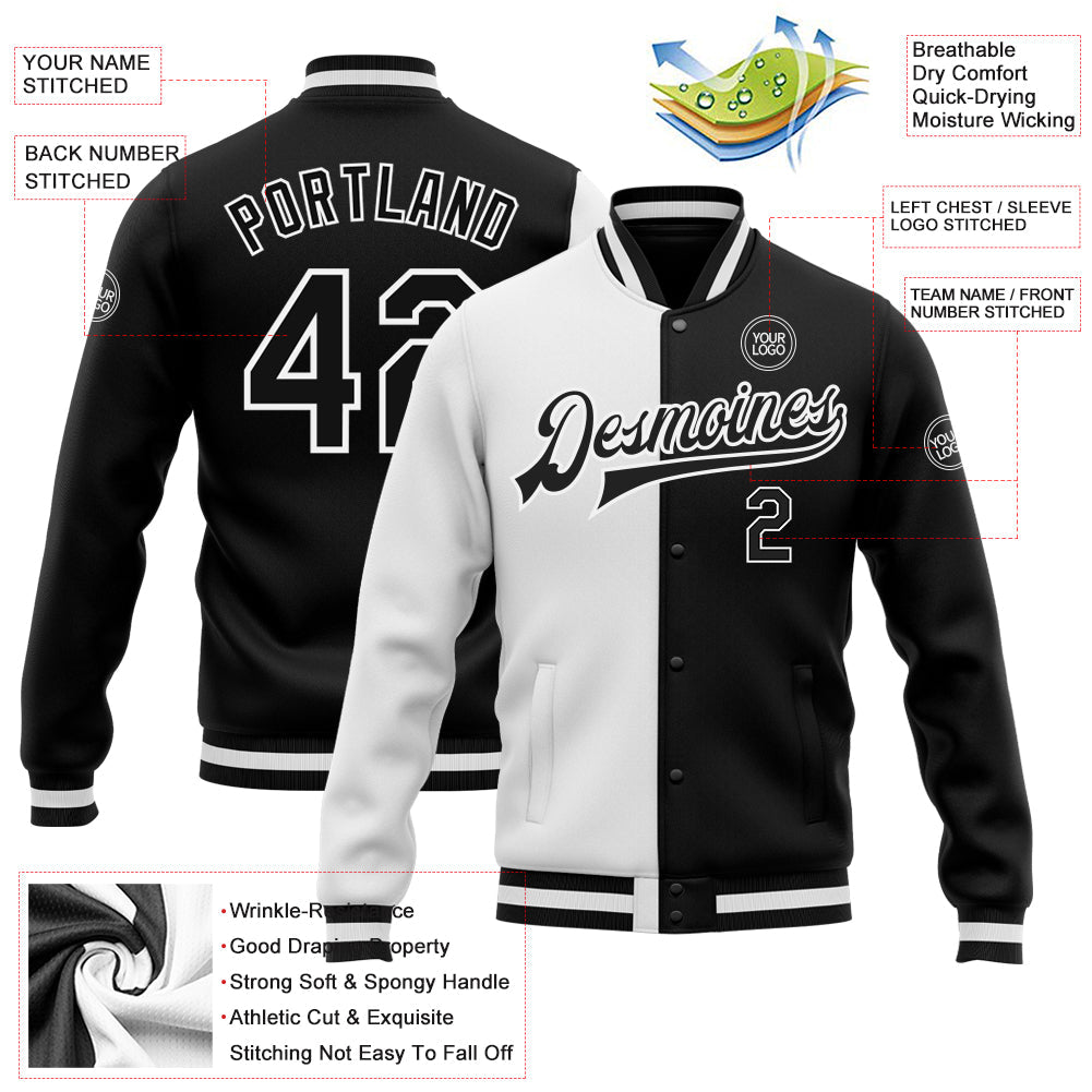 Custom White Black Bomber Full-Snap Varsity Letterman Split Fashion Jacket view 5
