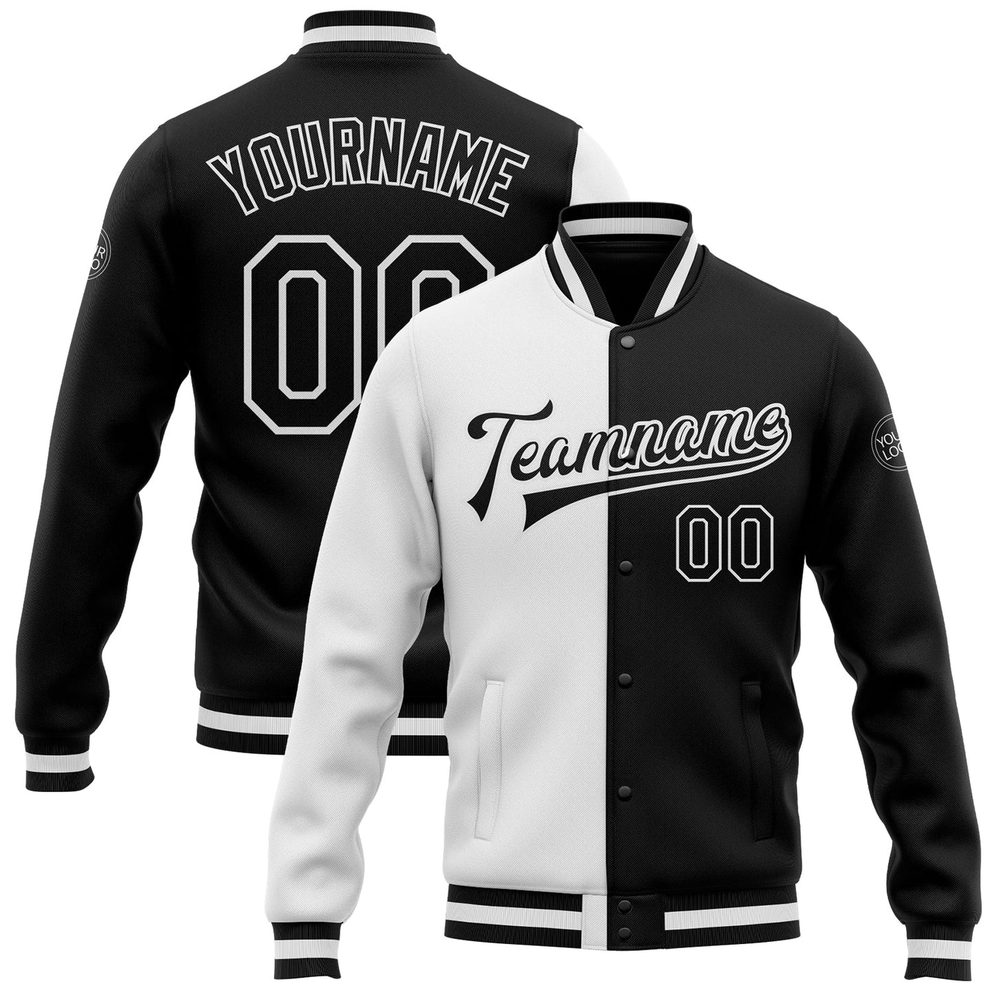 Custom White Black Bomber Full-Snap Varsity Letterman Split Fashion Jacket - Main View