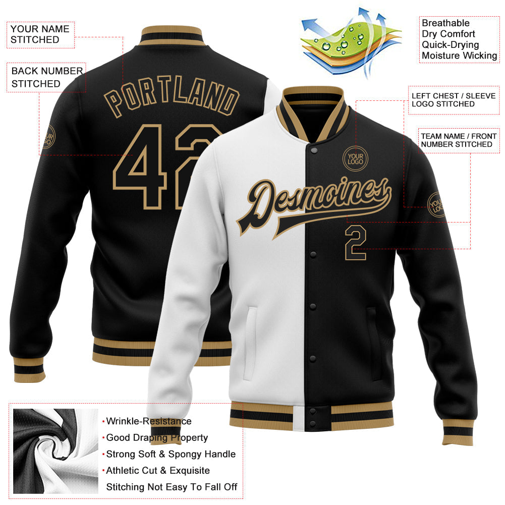Custom White Black-Old Gold Bomber Full-Snap Varsity Letterman Split Fashion Jacket view 5