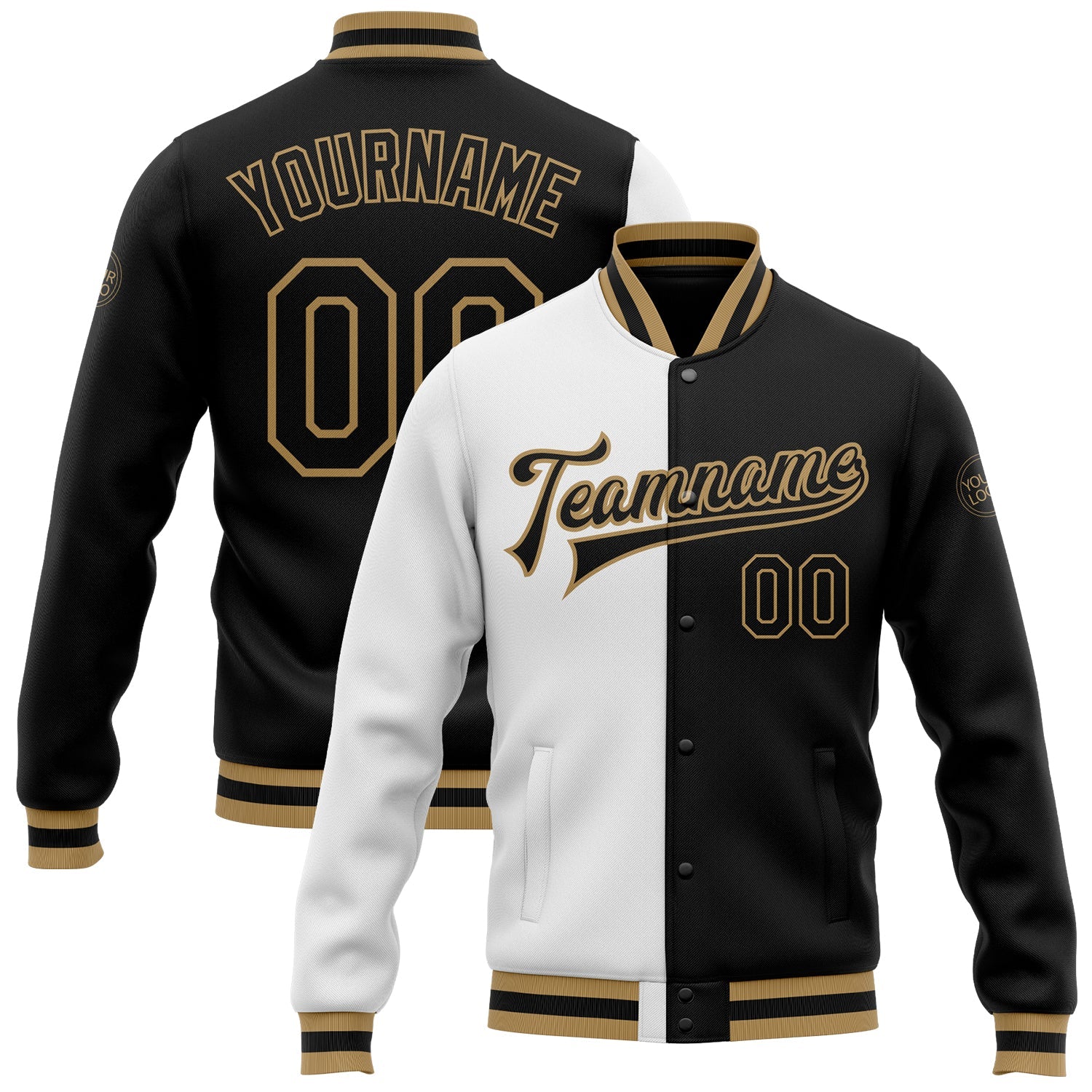 Custom White Black-Old Gold Bomber Full-Snap Varsity Letterman Split Fashion Jacket - Main View