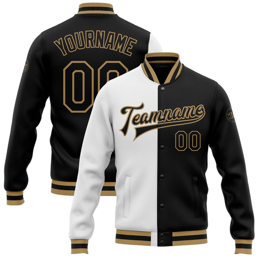 Custom White Black-Old Gold Bomber Full-Snap Varsity Letterman Split Fashion Jacket - Main View