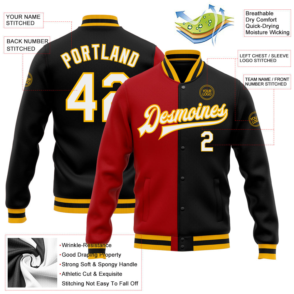 Custom Black White Red-Gold Bomber Full-Snap Varsity Letterman Split Fashion Jacket view 5