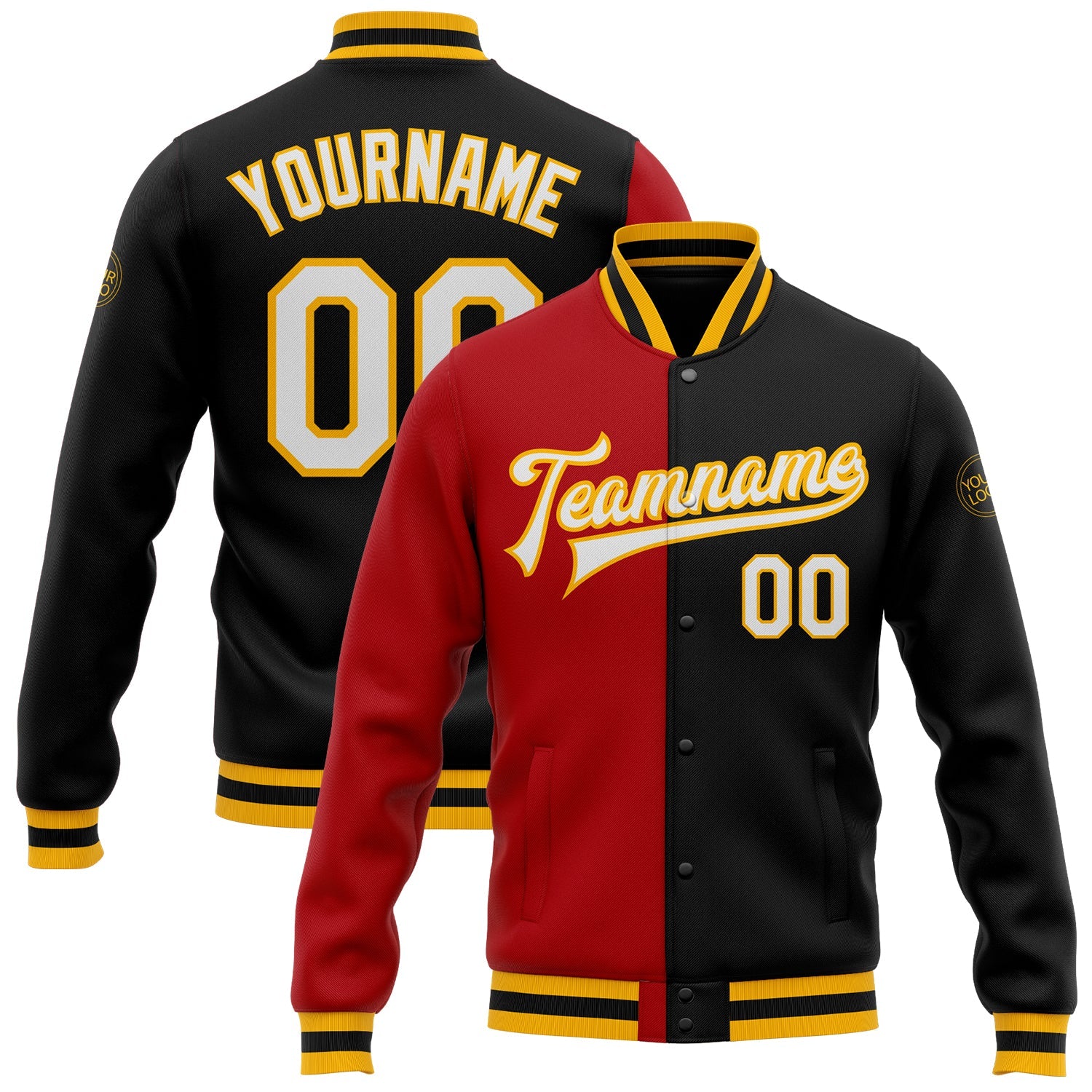 Custom Black White Red-Gold Bomber Full-Snap Varsity Letterman Split Fashion Jacket - Main View