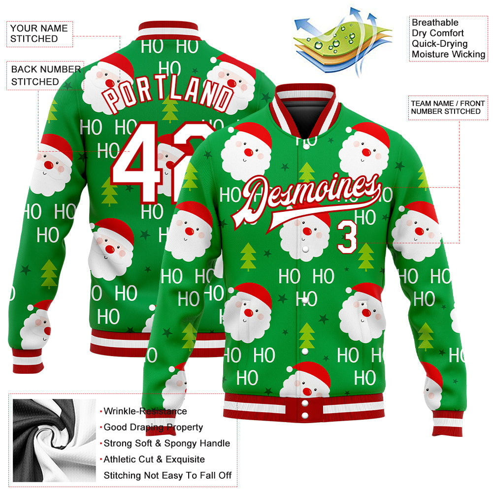 Custom Kelly Green White-Red Christmas 3D Bomber Full-Snap Varsity Letterman Jacket view 5