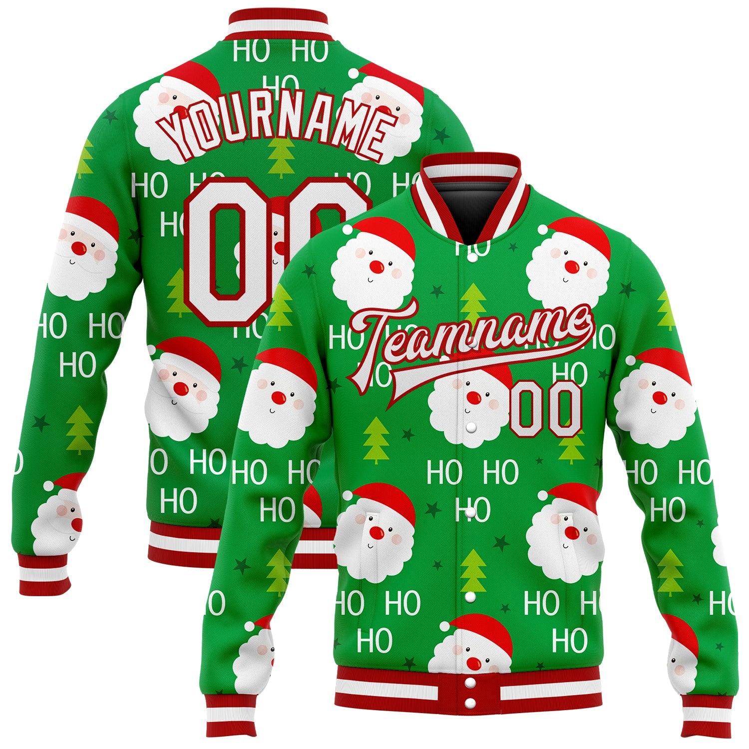 Custom Kelly Green White-Red Christmas 3D Bomber Full-Snap Varsity Letterman Jacket - Main View