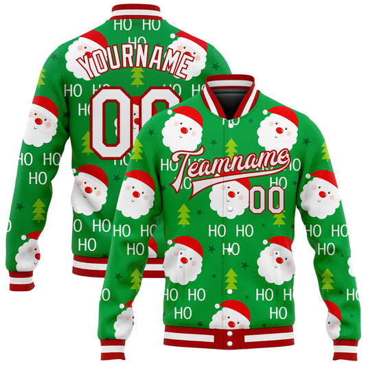 Custom Kelly Green White-Red Christmas 3D Bomber Full-Snap Varsity Letterman Jacket - Main View
