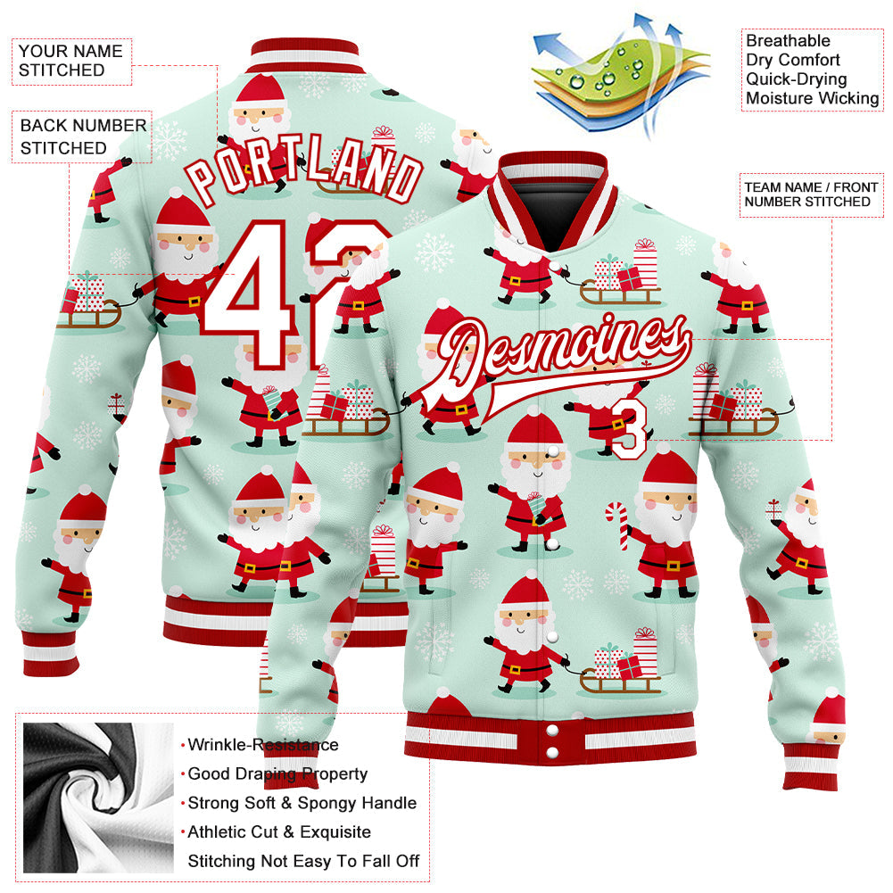 Custom Pea Green White-Red Christmas 3D Bomber Full-Snap Varsity Letterman Jacket view 5