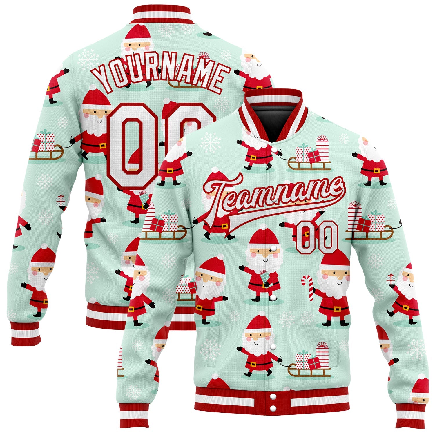 Custom Pea Green White-Red Christmas 3D Bomber Full-Snap Varsity Letterman Jacket - Main View