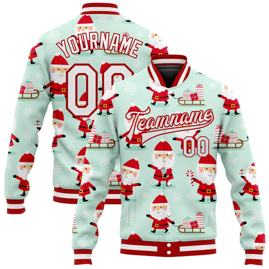 Custom Pea Green White-Red Christmas 3D Bomber Full-Snap Varsity Letterman Jacket - Main View