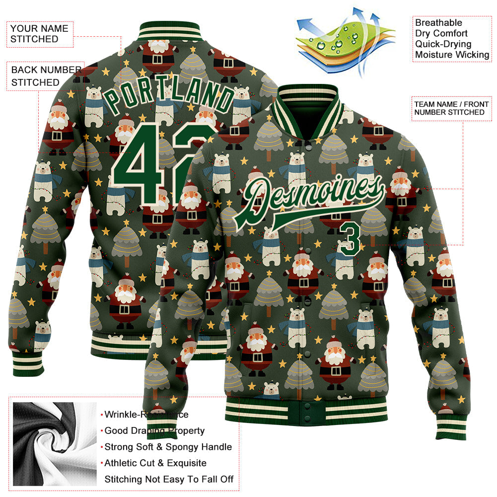 Custom Green Green-Cream Christmas 3D Bomber Full-Snap Varsity Letterman Jacket view 5