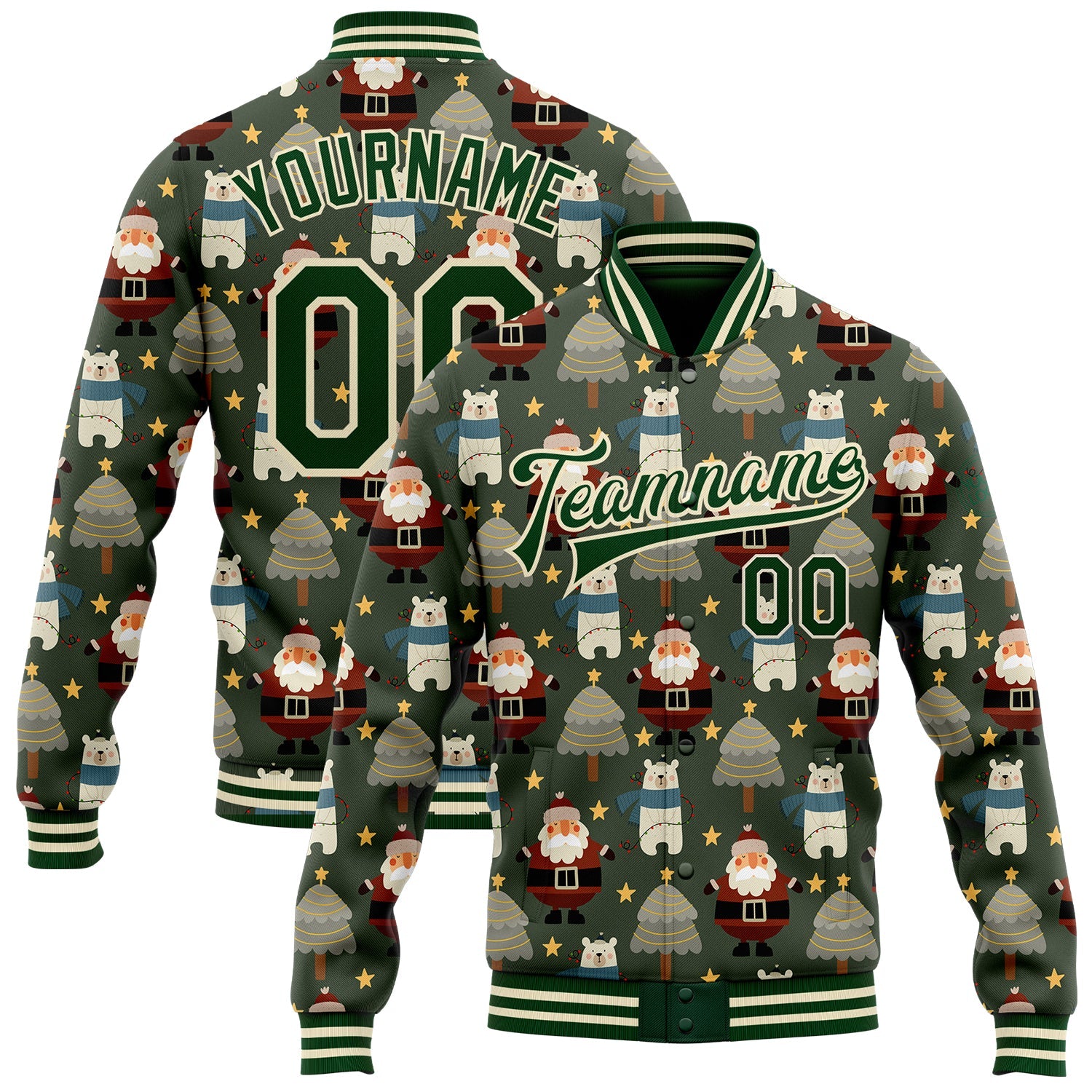 Custom Green Green-Cream Christmas 3D Bomber Full-Snap Varsity Letterman Jacket - Main View