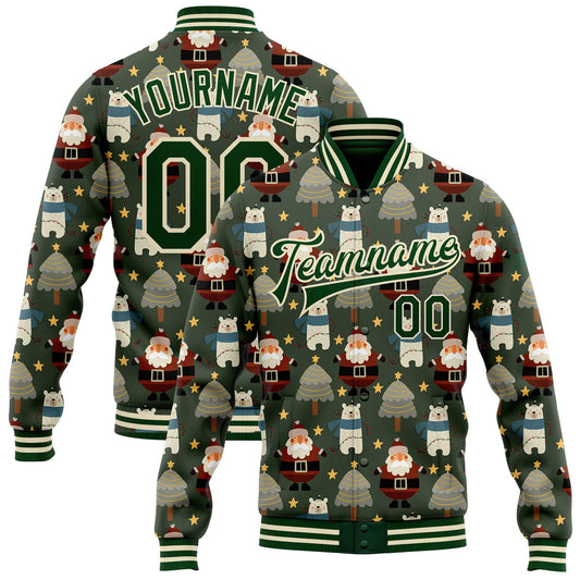 Custom Green Green-Cream Christmas 3D Bomber Full-Snap Varsity Letterman Jacket - Main View
