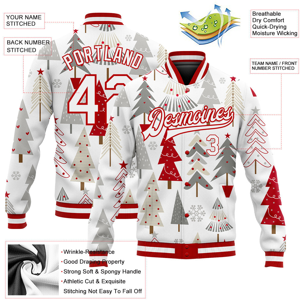 Custom White White Red-Gray Christmas 3D Bomber Full-Snap Varsity Letterman Jacket view 5