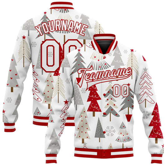 Custom White White Red-Gray Christmas 3D Bomber Full-Snap Varsity Letterman Jacket - Main View