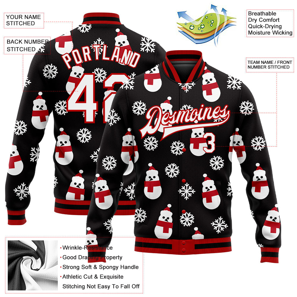 Custom Black White-Red Christmas 3D Bomber Full-Snap Varsity Letterman Jacket view 5