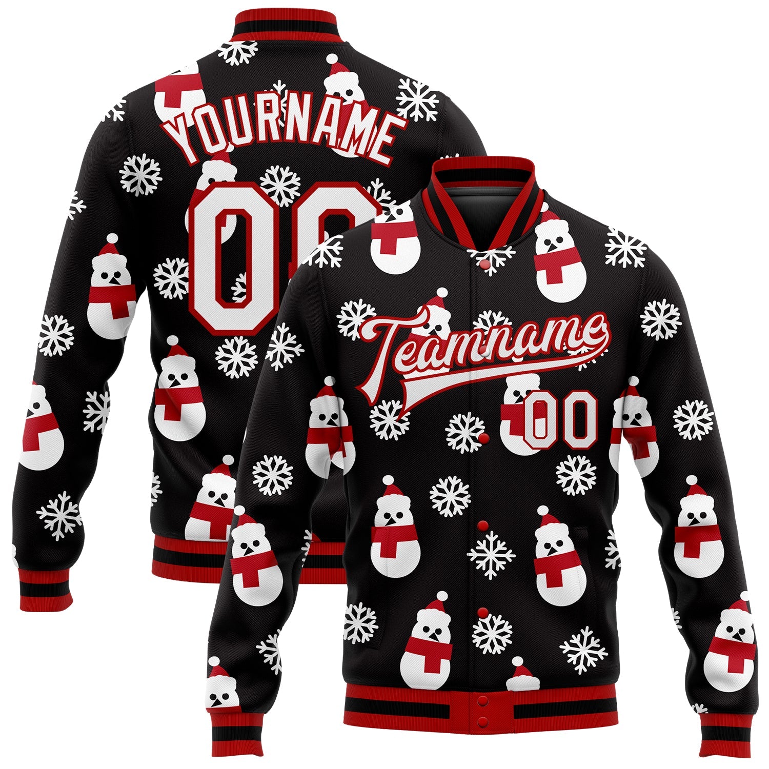 Custom Black White-Red Christmas 3D Bomber Full-Snap Varsity Letterman Jacket - Main View