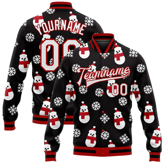Custom Black White-Red Christmas 3D Bomber Full-Snap Varsity Letterman Jacket - Main View