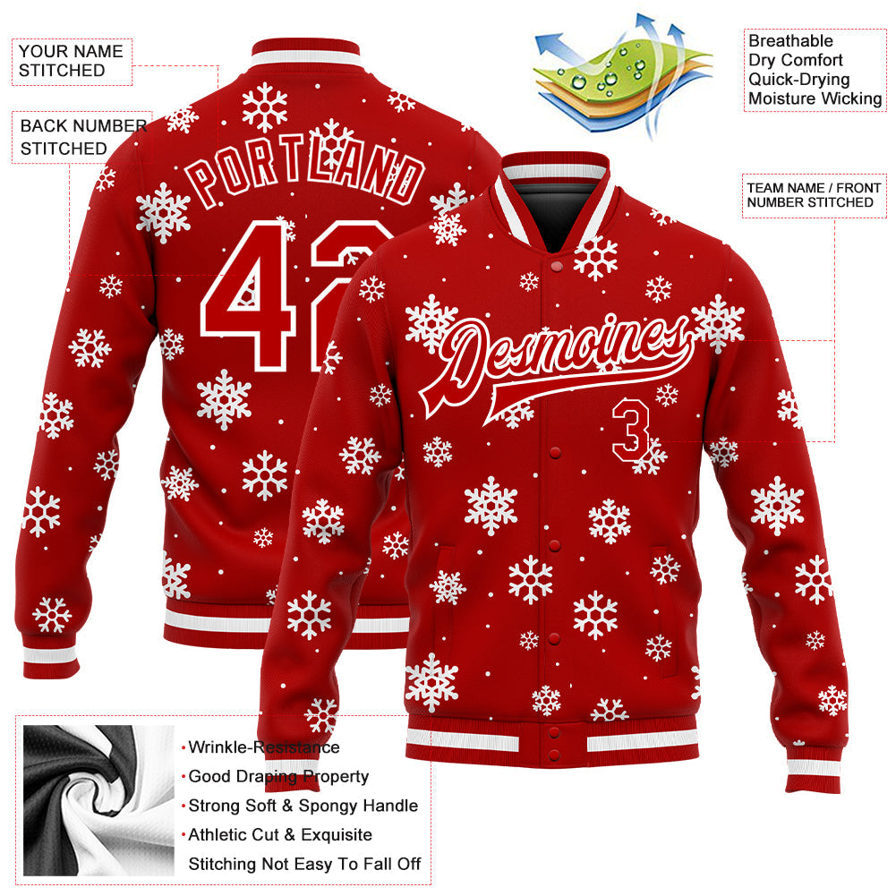 Custom Red White Christmas 3D Bomber Full-Snap Varsity Letterman Jacket view 5