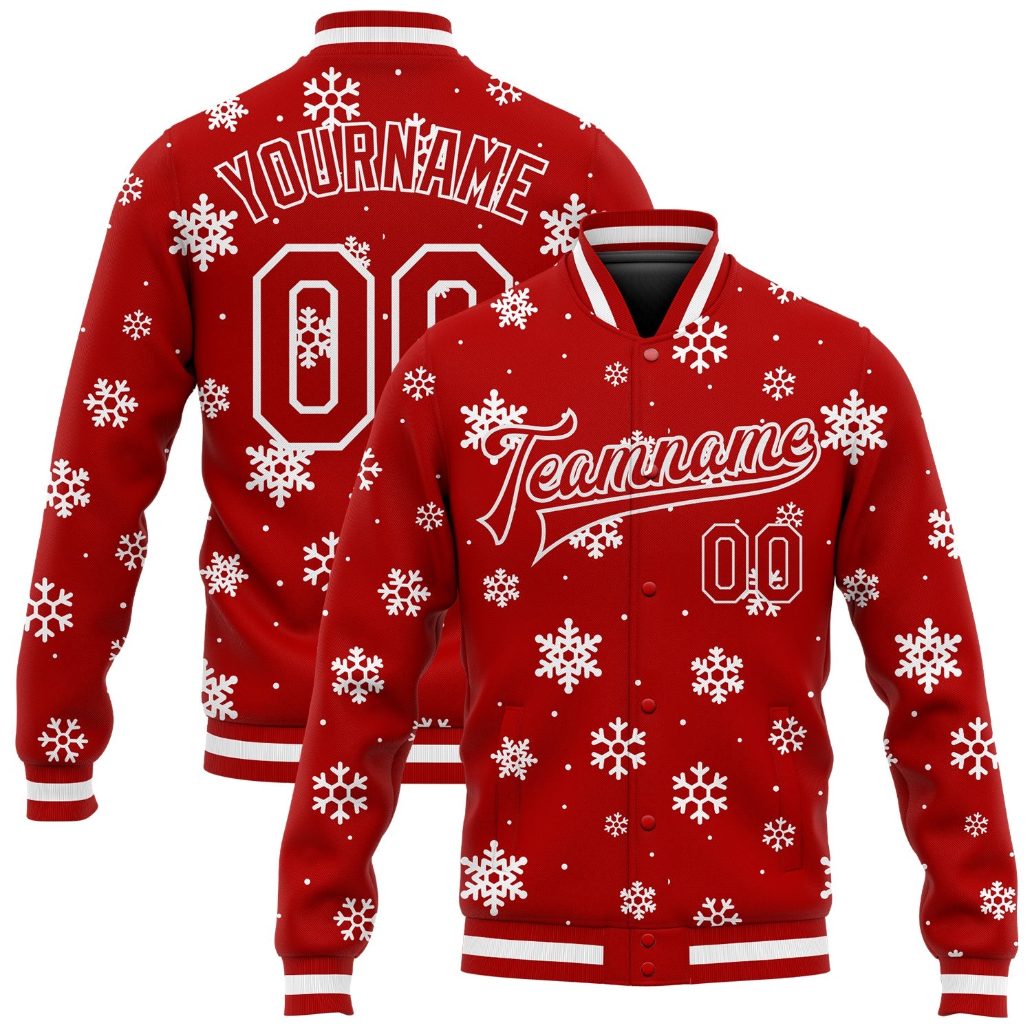 Custom Red White Christmas 3D Bomber Full-Snap Varsity Letterman Jacket - Main View