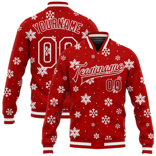 Custom Red White Christmas 3D Bomber Full-Snap Varsity Letterman Jacket - Main View