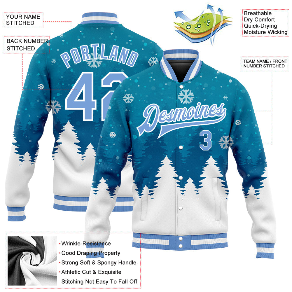 Custom Teal Light Blue-White Christmas 3D Bomber Full-Snap Varsity Letterman Jacket view 5