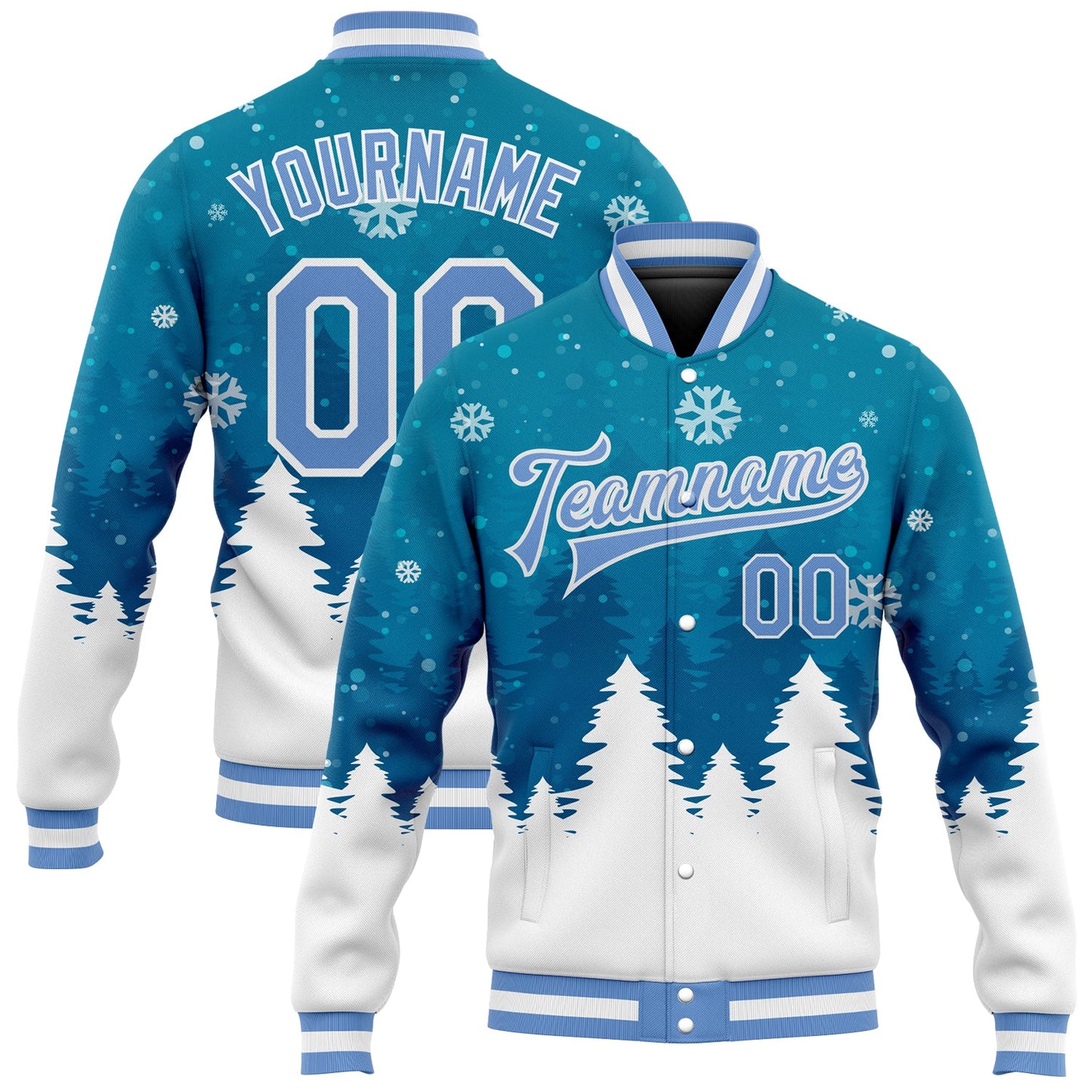 Custom Teal Light Blue-White Christmas 3D Bomber Full-Snap Varsity Letterman Jacket - Main View